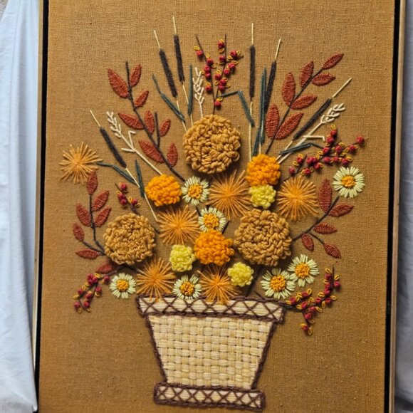 Vintage 60s/70s Crewel Handmade Fall Floral Basket with Cattails Framed MCM Art - Picture 2 of 11